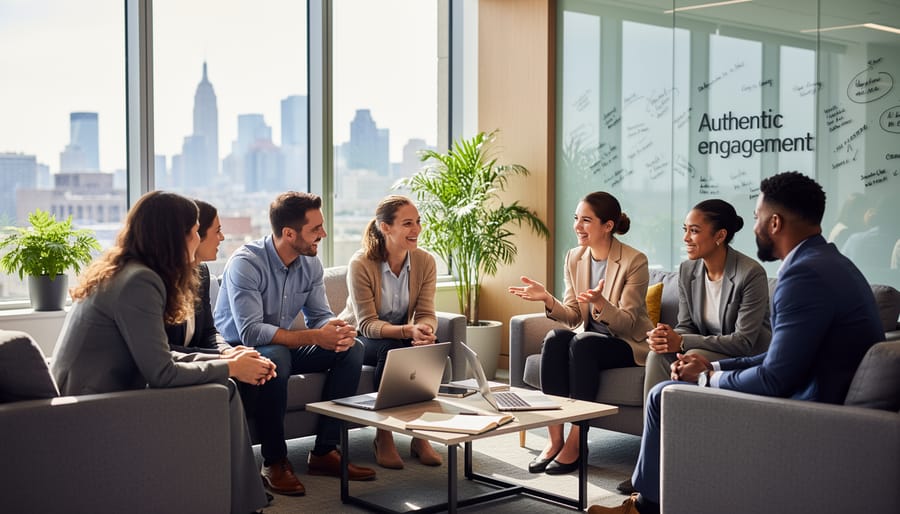 Business professionals having authentic conversation in office setting