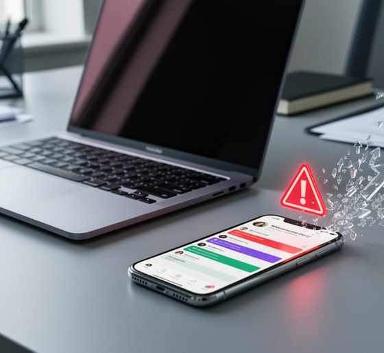 Smartphone on a modern office desk displaying a generic social feed with shattering upvote-style arrows beside a glowing red warning triangle, next to a laptop, symbolizing the professional risks of buying artificial upvotes.