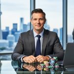 Canadian sales professional at a conference table with a padlock and poker chips beside a closed laptop, Toronto skyline softly blurred in the background.