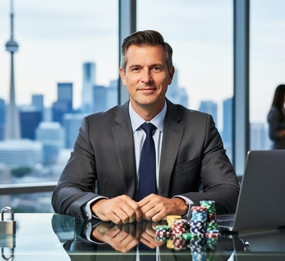 Canadian sales professional at a conference table with a padlock and poker chips beside a closed laptop, Toronto skyline softly blurred in the background.
