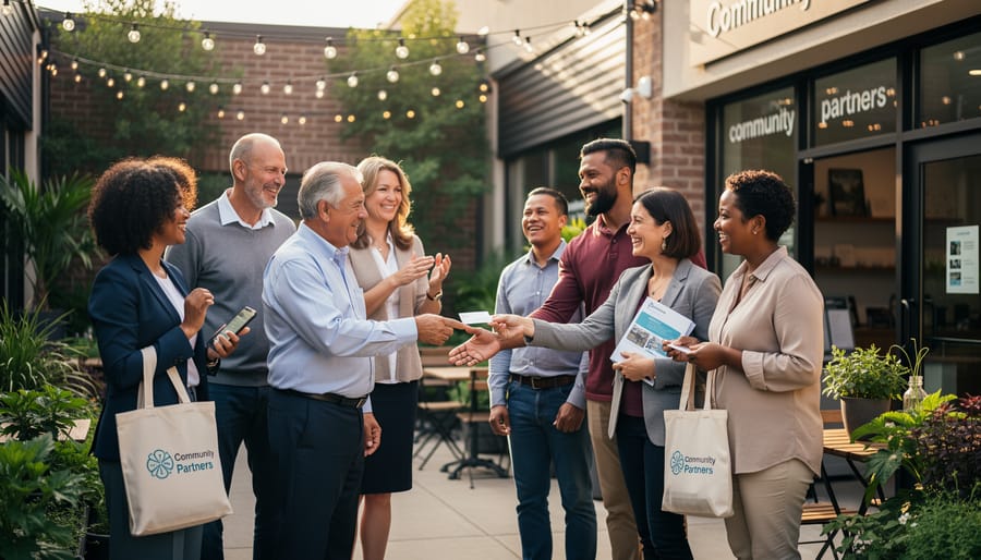 Group of customers and a sales representative standing together smiling outdoors