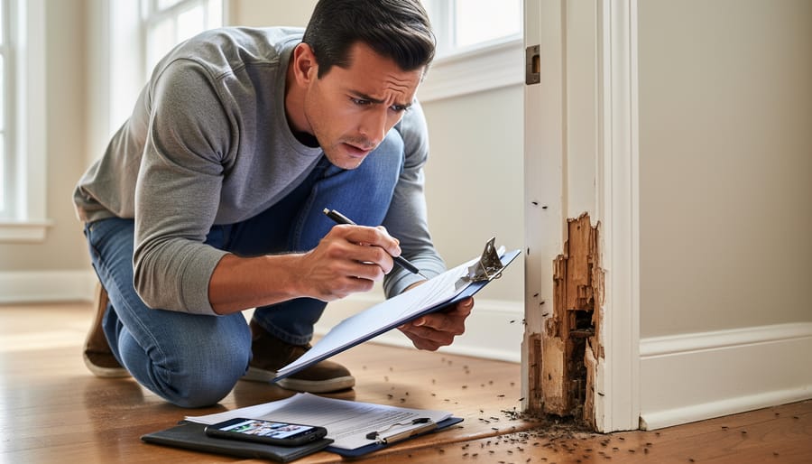 Homeowner inspecting a basement wall and holding a checklist clipboard near an access panel