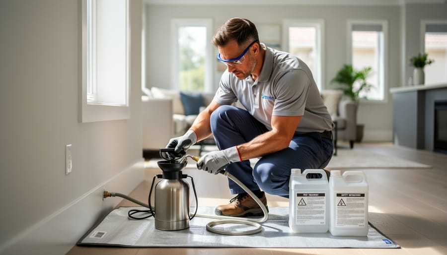Pest control technician placing a sealed bait station near a kitchen baseboard