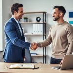 Two business professionals shaking hands in a modern office, suggesting strong customer relations after a purchase.