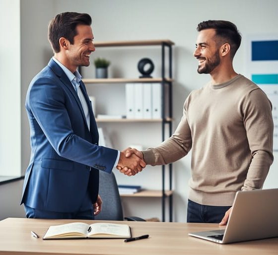 Two business professionals shaking hands in a modern office, suggesting strong customer relations after a purchase.