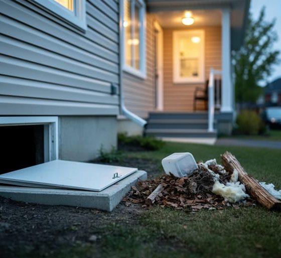 Suburban house exterior with focus on a basement/crawlspace entry near the foundation, suggesting a pest issue that must be disclosed during a home sale.