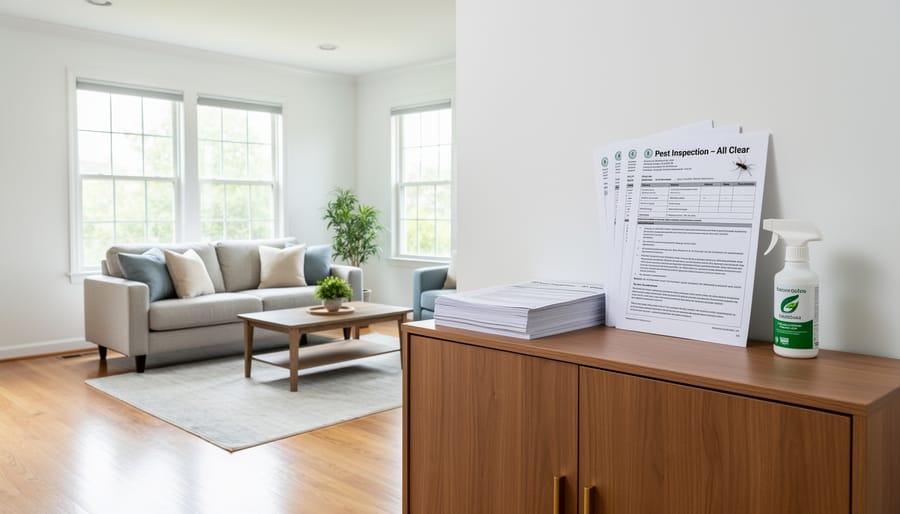 Real estate agent and buyer reviewing paperwork in a staged, bright living room
