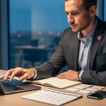 “Sales professional preparing prospecting outreach materials at a desk with a laptop and notebook in a modern office setting.”