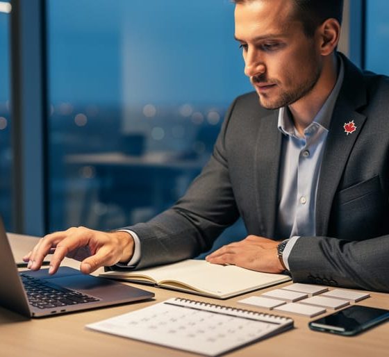 “Sales professional preparing prospecting outreach materials at a desk with a laptop and notebook in a modern office setting.”