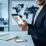 Canadian sales professional organizing prospecting materials at a desk, holding a tablet for CRM tracking in a modern office setting.