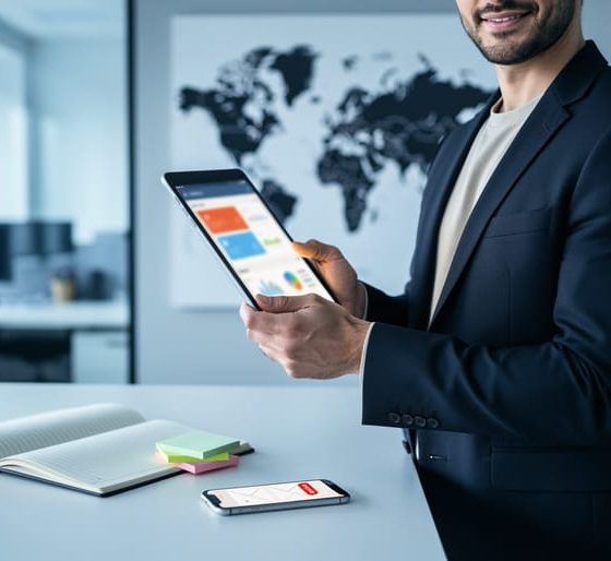 Canadian sales professional organizing prospecting materials at a desk, holding a tablet for CRM tracking in a modern office setting.