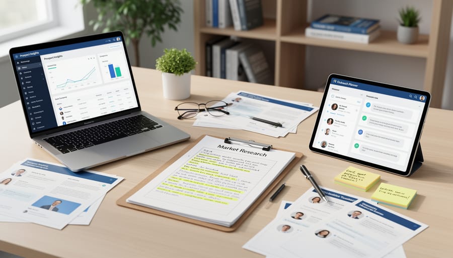 Desktop scene with laptop, prospecting tools, and unreadable documents for business research