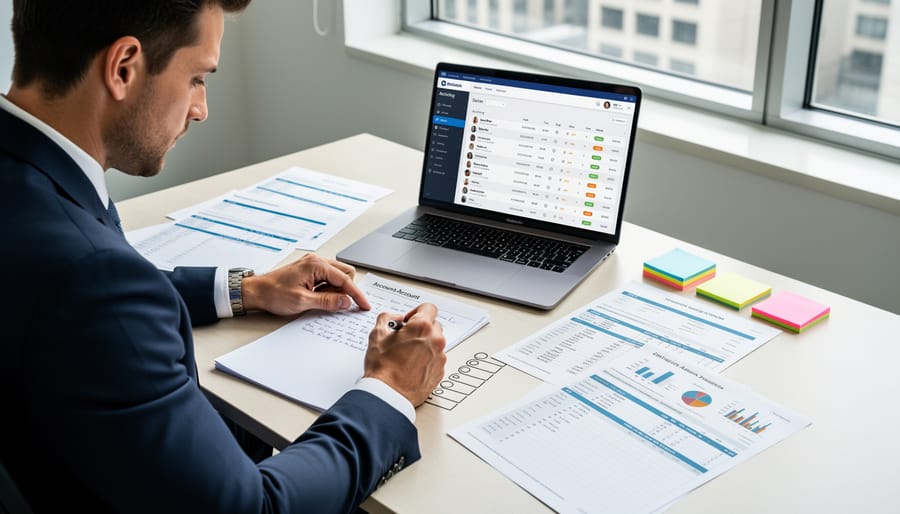 Sales professional holding a tablet and notes while reviewing customer information in an office setting