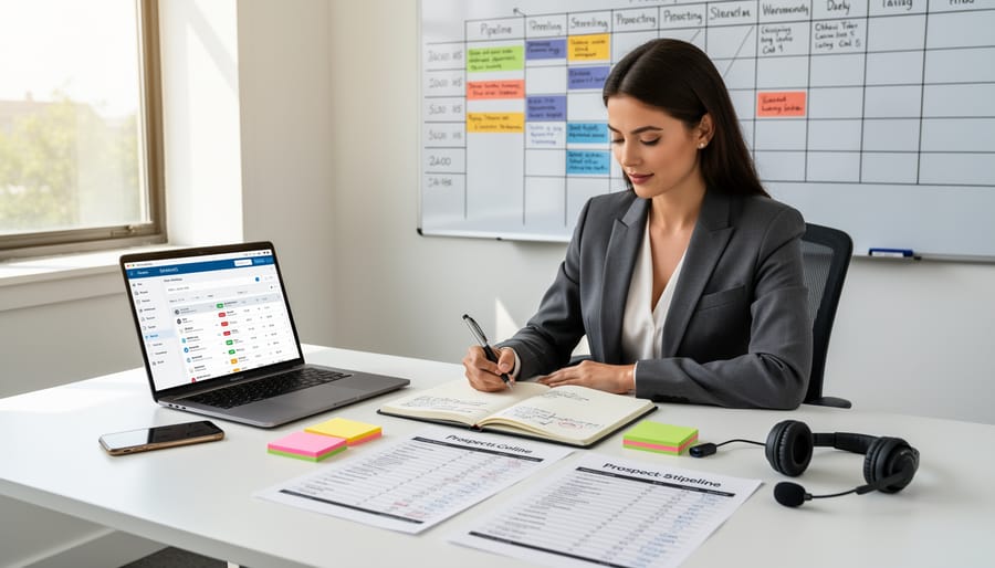 Sales professional planning business outreach with a smartphone and blank notebook in a modern office