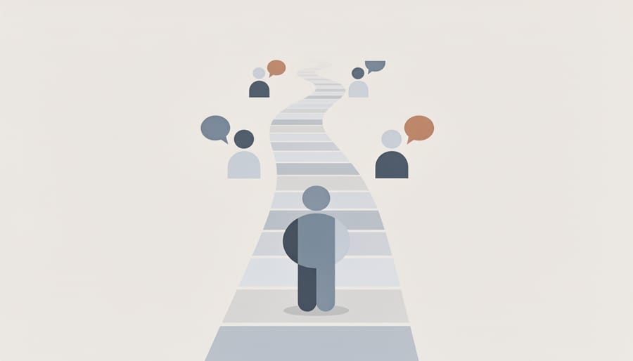 Salesperson walking toward a bright doorway down a corporate hallway holding an organized folder