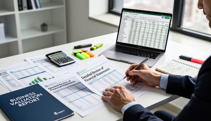 Hands calculating and reviewing audited financial statements on a conference table