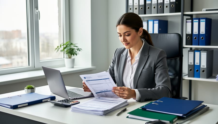 Business owner holding a printed financial report in an office