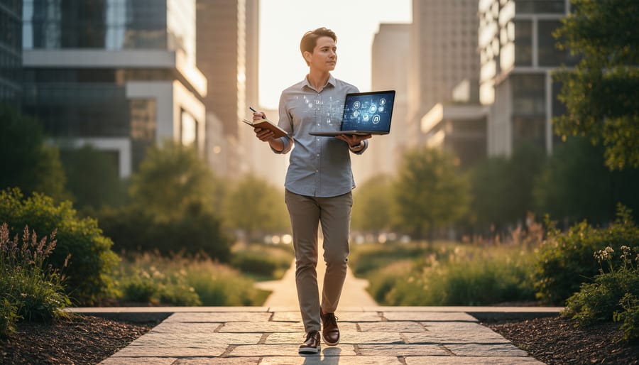 Person outdoors using a smartphone and notebook to represent consistent online selling actions and growth