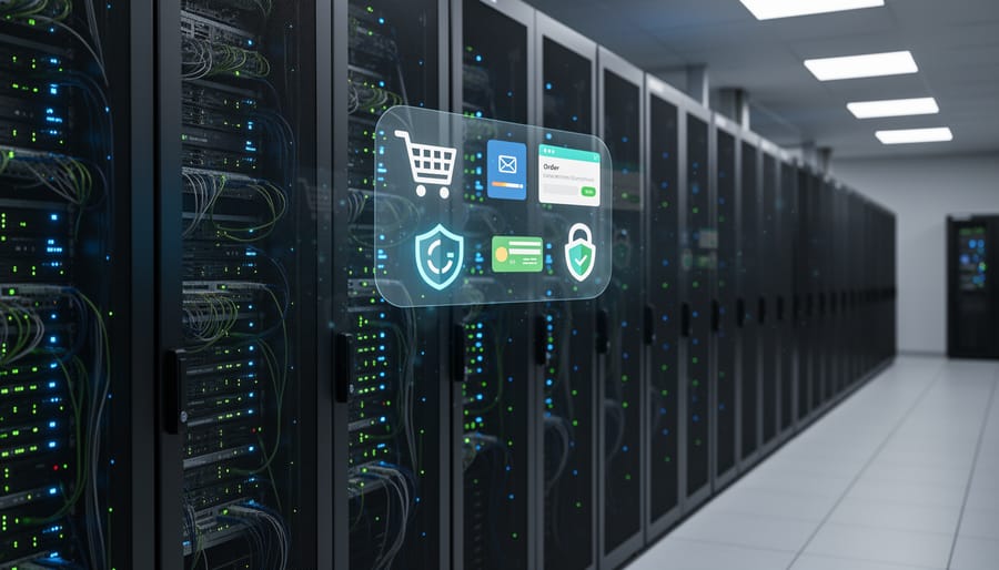 Server rack room with softly glowing indicator lights in a data center