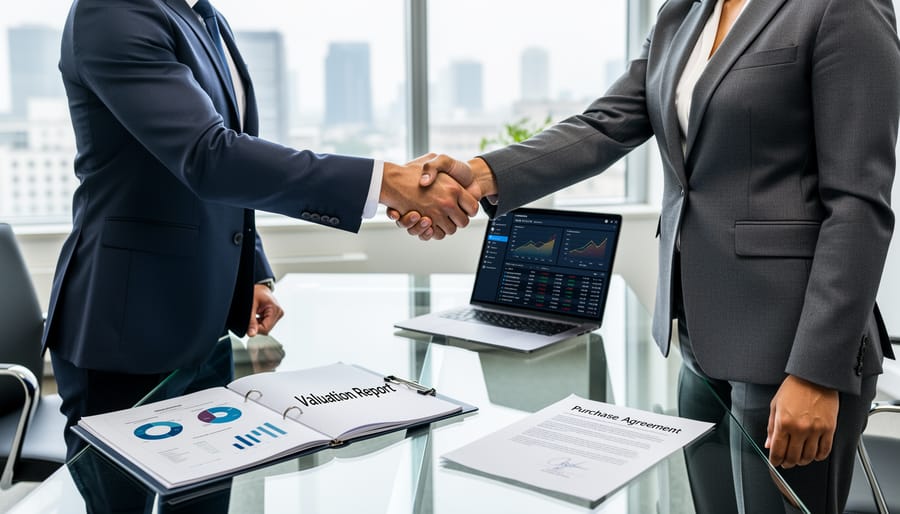 Two people shaking hands with a folder on a desk in a modern office