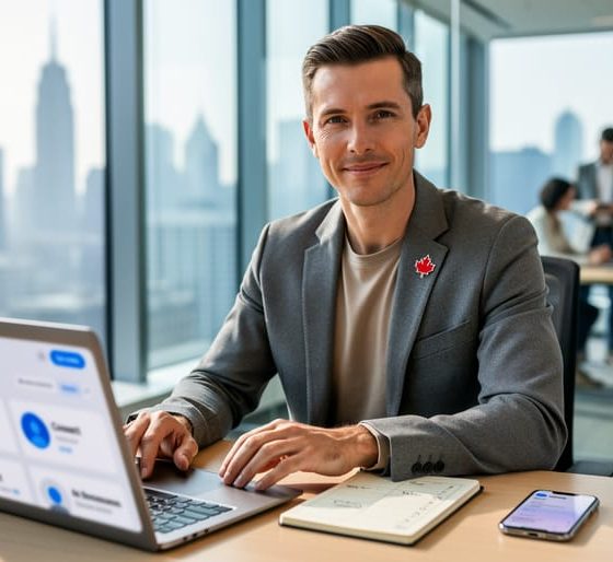 Sales professional planning their online foundations for 2026 using a laptop and smartphone on a desk in a modern office.