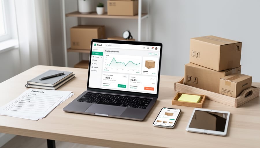 Desk setup with notebook, smartphone, and laptop representing the tools needed for online sales foundations