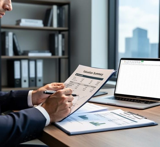 A business owner reviews financial documents on a desk with a laptop in the background, illustrating realistic business valuation and asking price preparation.