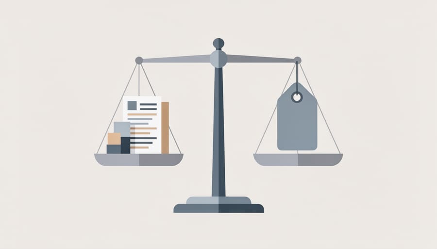 Balance scale comparing business receipts and a valuation report folder