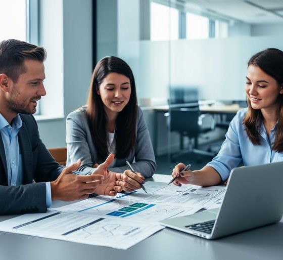 Sales and marketing professionals collaborate in a modern conference room with printed strategy materials and a laptop, representing B2B marketing consulting support for sales success.