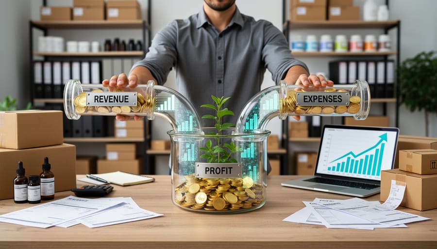 Coins and receipts on a desk beside a laptop, representing profitability and business costs