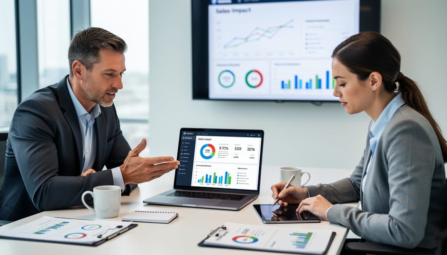 Consultant and client reviewing plans on a tablet during a meeting with a blurred modern office background