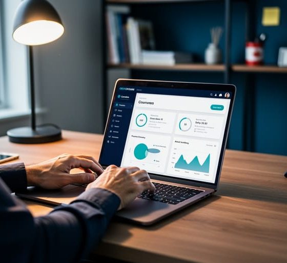 Canadian sales professional working on a laptop in a home office, reviewing online course content with no readable text.