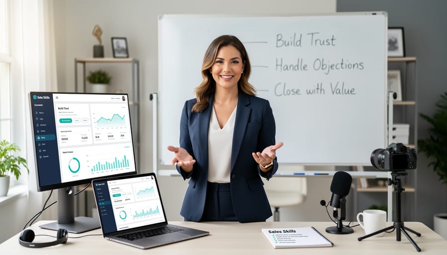Presenter addressing a small group in a meeting room with a blurred laptop in the foreground