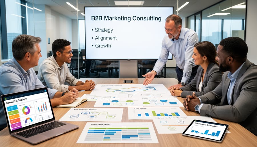 Sales team reviewing strategy documents in a modern boardroom with a laptop in the background