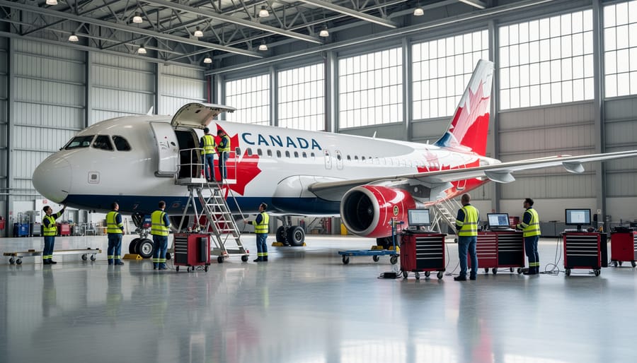 Commercial airplane inside an aviation hangar with visible aircraft tail and cockpit area