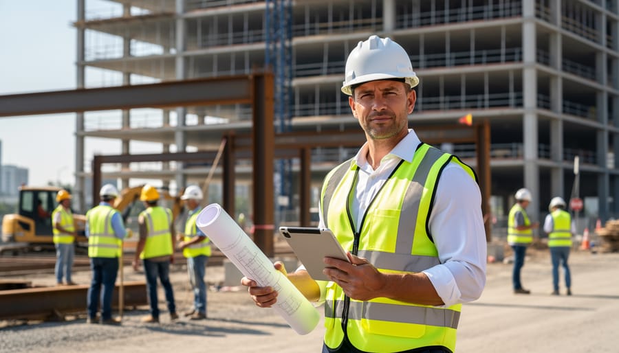 Construction manager at a Canadian construction site with cranes and buildings in the background
