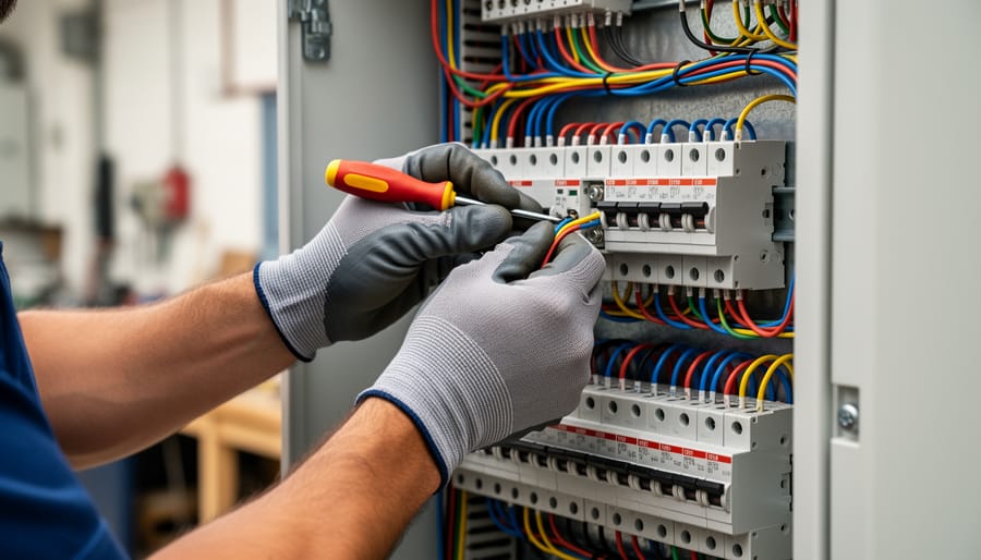 Electrician wearing gloves working on an electrical panel with tools