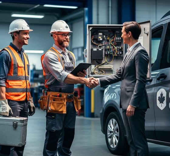 Three Canadian professionals in a workshop setting collaborating—one in trades safety gear, one as a technician with tools, and one in a suit—communicating and working alongside industrial equipment.