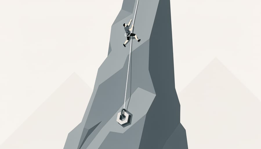 Climber’s hands securing a rope to an anchor carabiner on a rocky cliff